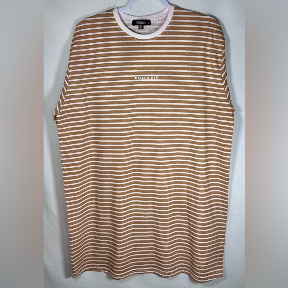 Missguided+ Tan and White Striped Shirt Dress Size 10 NWOT